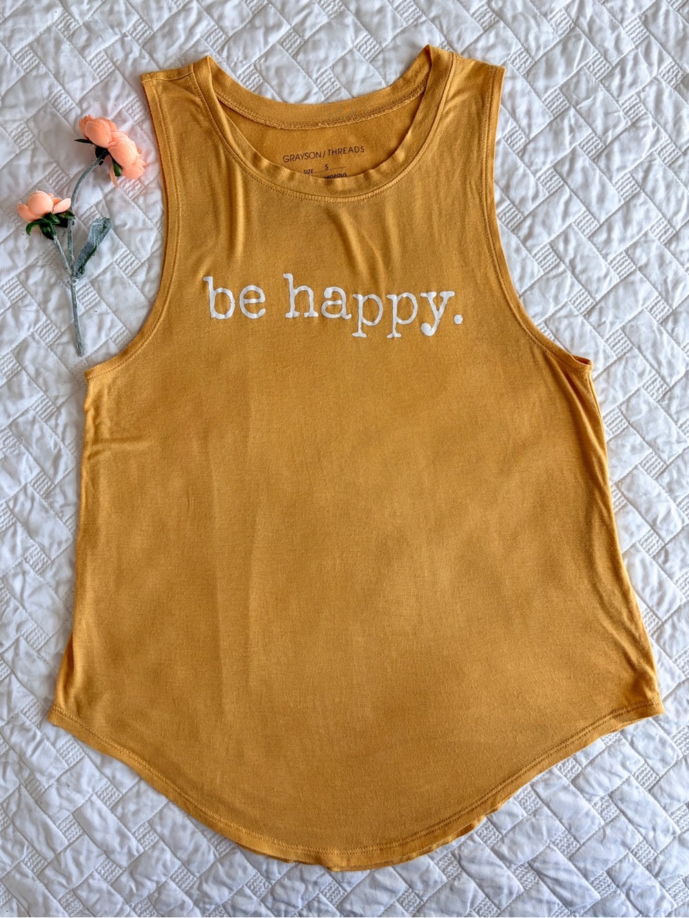 Grayson Threads Be Happy Mustard Graphic Muscle Tank Top S Casual Summer